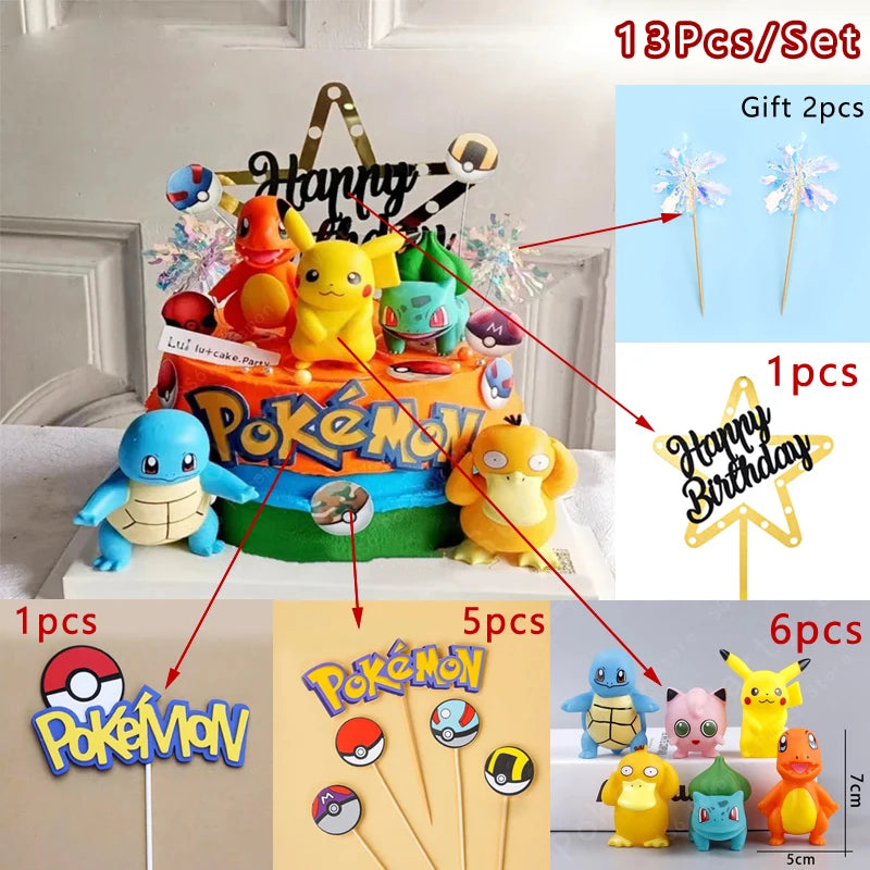 13Pcs/Set Pokemon Cake Topper Anime Figure Pikachu Party Happy Birthday Pokemon Cake Decoration Supplies Ornaments Boy Kids Gift